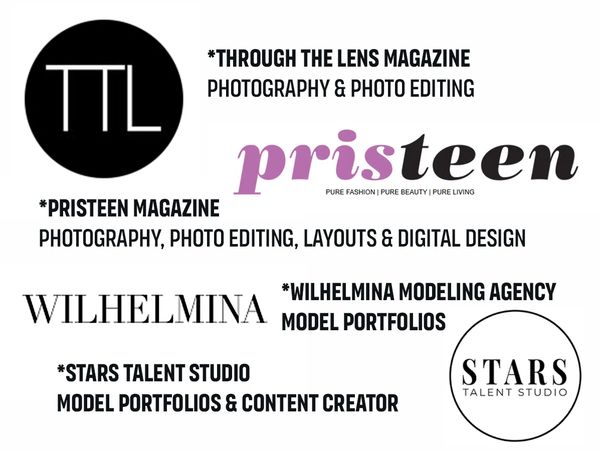 Logos and services of four creative agencies in photography, modeling, and content creation.