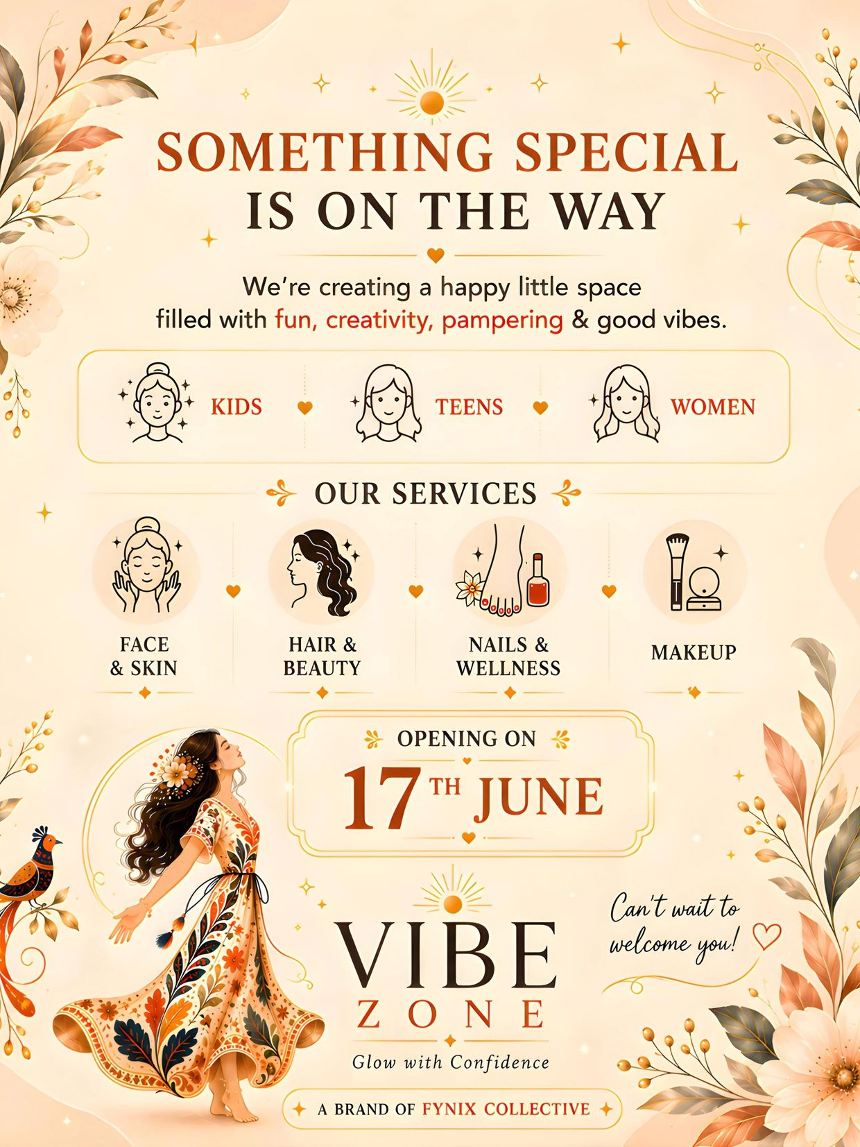 Announcement for Vibe Zone opening on June 17, offering beauty and wellness services for kids, teens, and women.