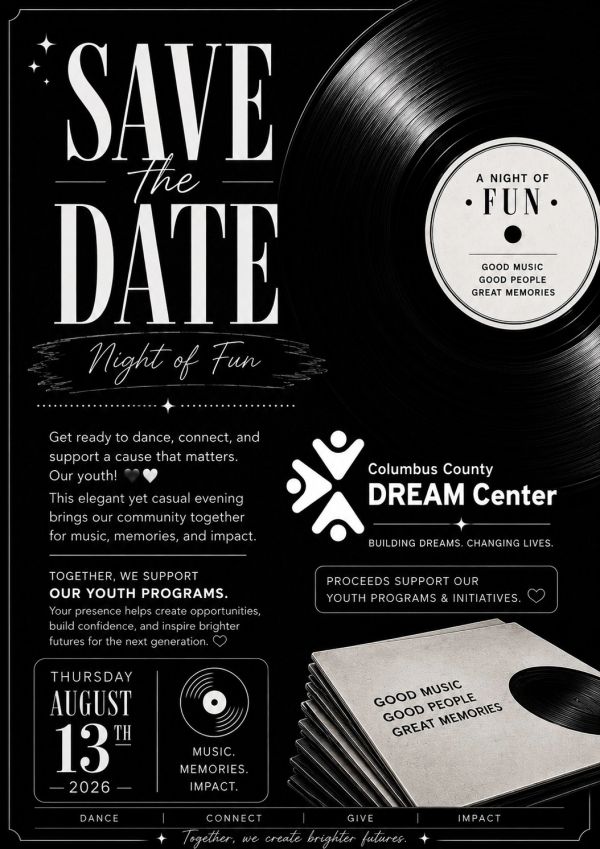 Save the Date poster for a Night of Fun supporting youth programs with music and community impact.