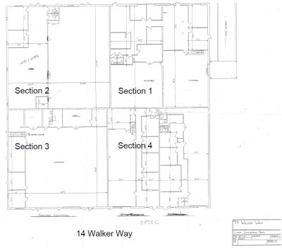 Blueprint layout of 14 Walker Way divided into four sections.
