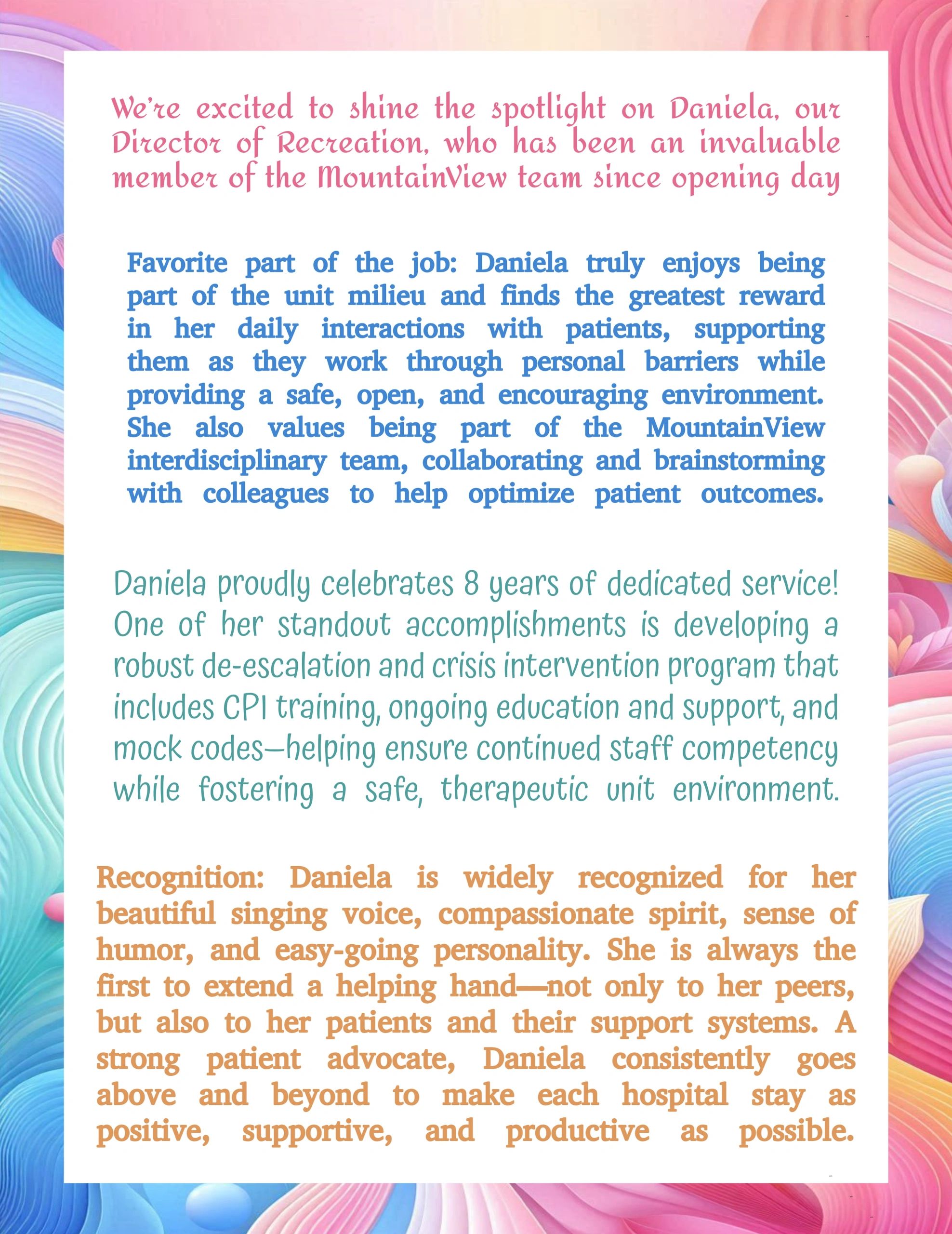 Spotlight on Daniela, Director of Recreation at MountainView, celebrating 8 years of dedicated service.