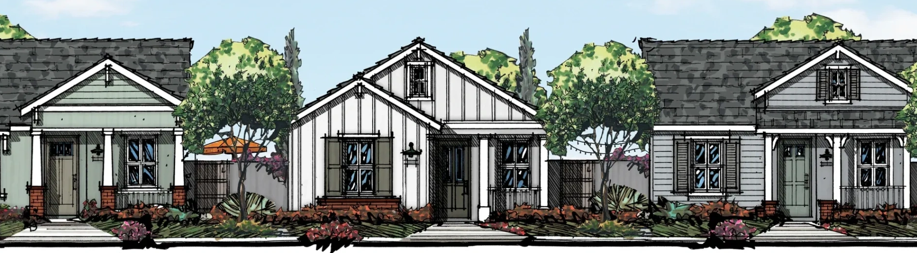 Three charming suburban houses with detailed landscaping.