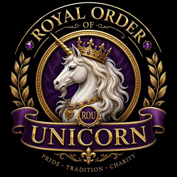 Regal unicorn emblem with gold and purple accents.