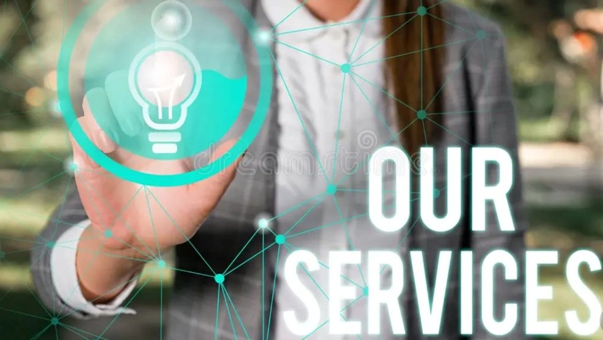 Businesswoman interacting with a digital lightbulb icon labeled 'Our Services'.