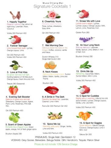 Menu of 15 signature cocktails with detailed ingredients and prices.