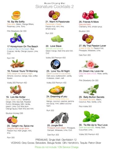 Colorful signature cocktails menu with fruit garnishes and ingredients.