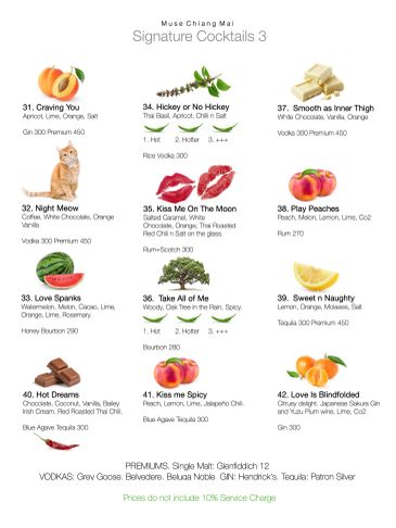 Menu of 12 signature cocktails with ingredients and prices.