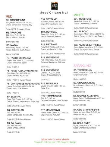Wine list featuring various red, white, and sparkling wines.