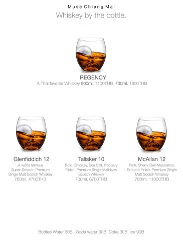 Menu of whiskey bottles with prices at Muse Chiang Mai.