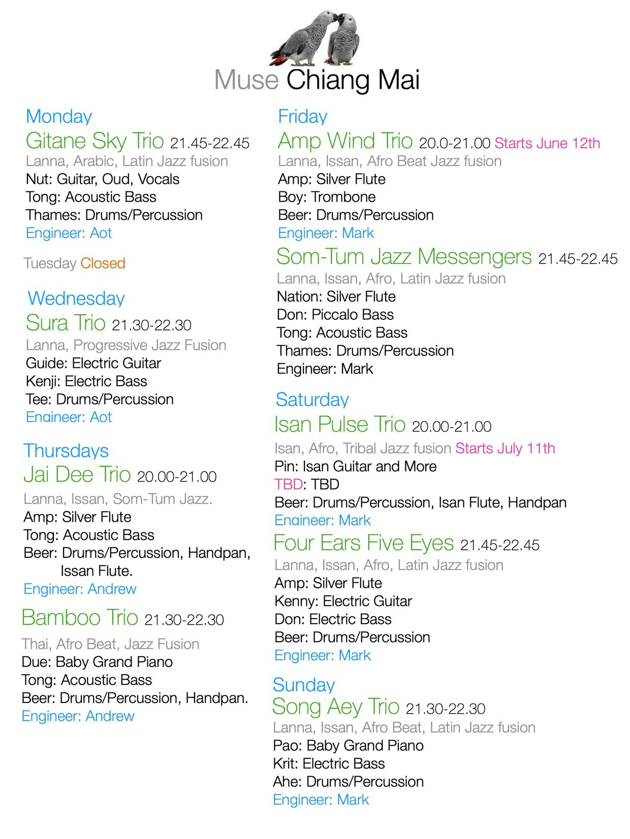 Weekly jazz trio schedule at Muse Chiang Mai featuring diverse fusion styles and talented musicians.