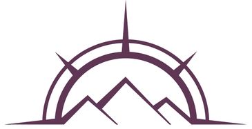 Stylized mountain logo with sun and rays.