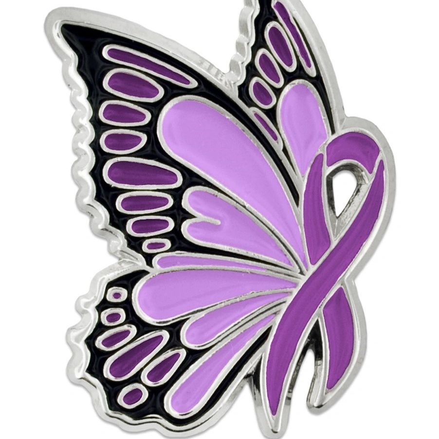 Purple butterfly with an awareness ribbon integrated into its design.
