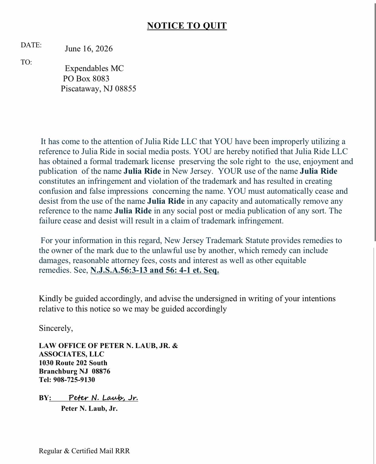 Legal notice to cease use of the name Julia Ride.