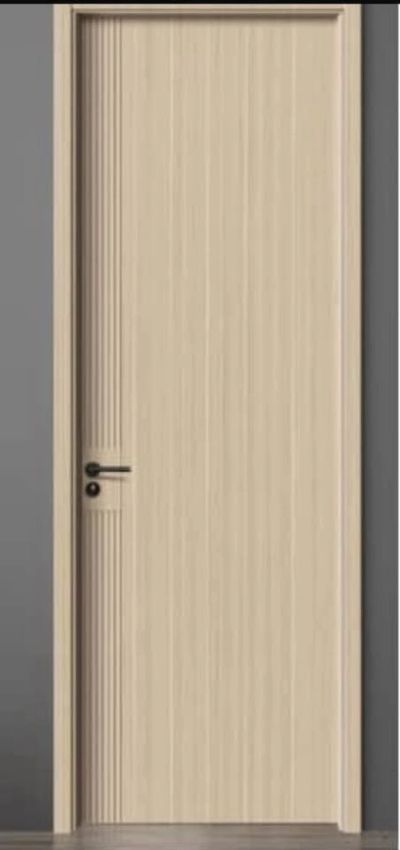 Modern beige wood door with black handle and lock
