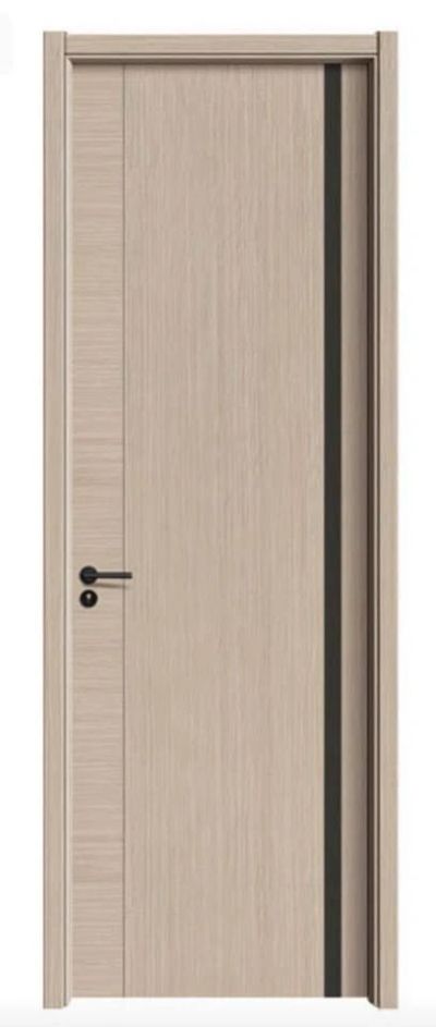 Modern wooden door with black vertical strip and handle.