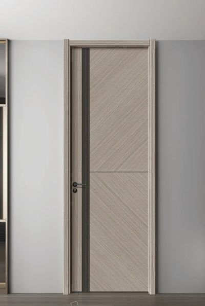 Modern wooden door with vertical design and side panel.