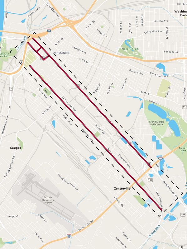 Map showing a marked long rectangular route along IL Route 15 and Bond Avenue in East St. Louis.
