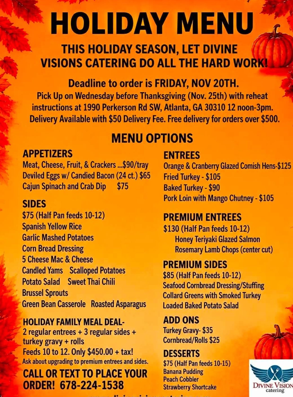 Holiday catering menu for Divine Visions with appetizers, entrees, sides, and desserts.