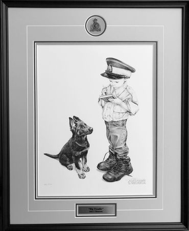 Big Trouble framed print.  Child wearing RCMP uniform writing a puppy a ticket.