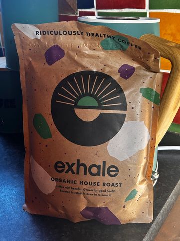 Exhale Organic House Roast coffee bag on my kitchen worktop.