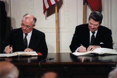 1987: Gorbachev and Reagan signing the INF treaty, which eliminated 2,700 Nukes by 1991