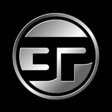 Metallic circular logo with stylized letters EP on a black background.