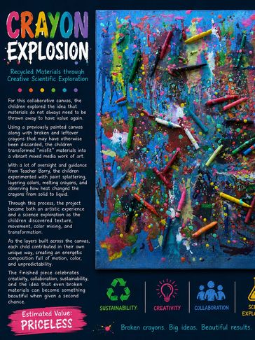Colorful crayon art on canvas titled 'Crayon Explosion'.