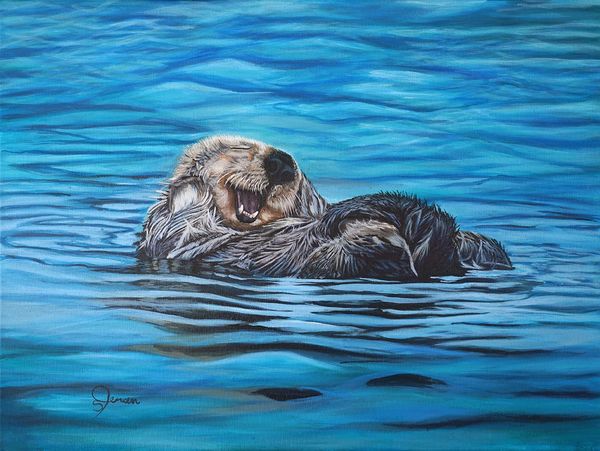 Otter, happy, laughing. In the middle of the ocean. Sea.