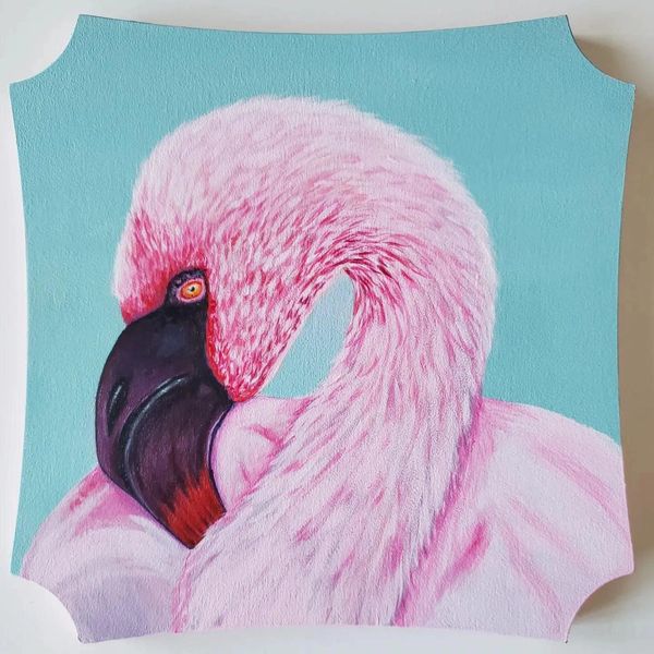 Closeup of a pink flamingo and blue background. 