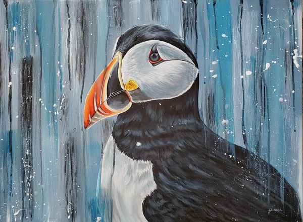 Puffin portrait abstract with paint splatters and paint drips. 