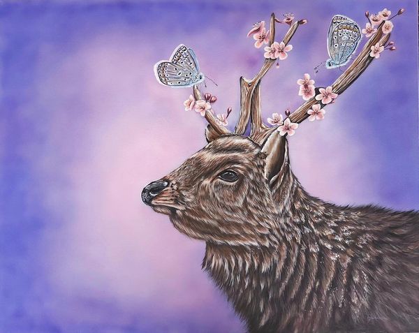 surreal elk with moths and purple background.