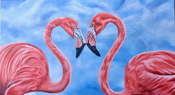 Two pink flamingoes nose to nose making a heart. Facing each other. 