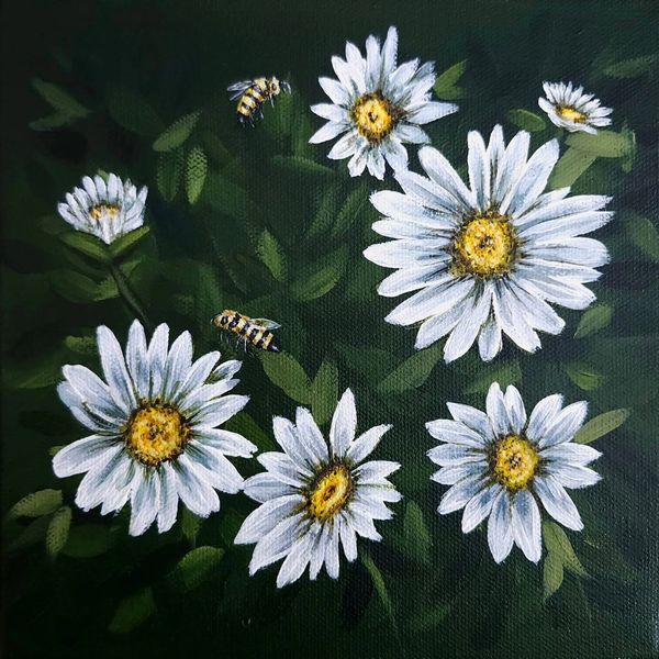 Bees and white flowers, closeup. 