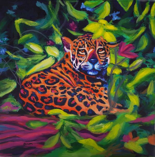 Colorful loose brushstroke of a jaguar in the jungle. Impressionistic, realism.