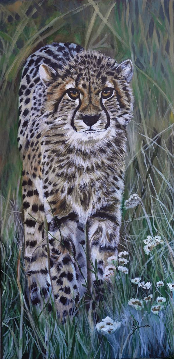 Big Cats collection. Cub. Baby cheetah in the wild. Full body portrait in a field of wildflowers, we