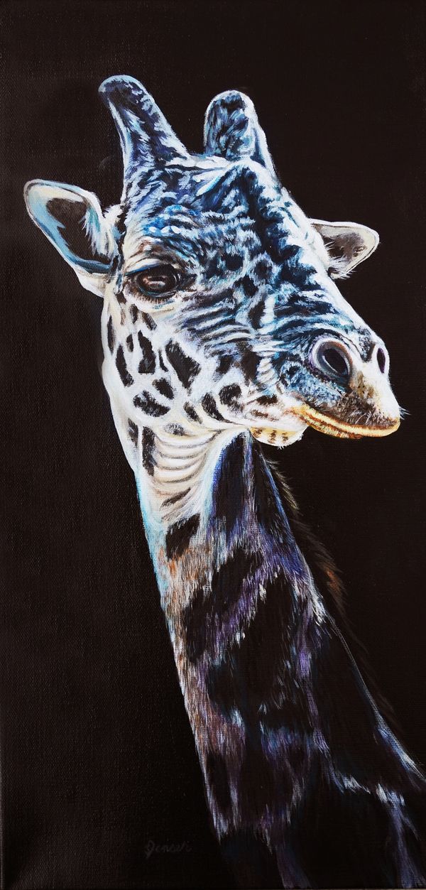 Noir. Giraffe with dramatic lighting and colors. Purple and blue hues. 