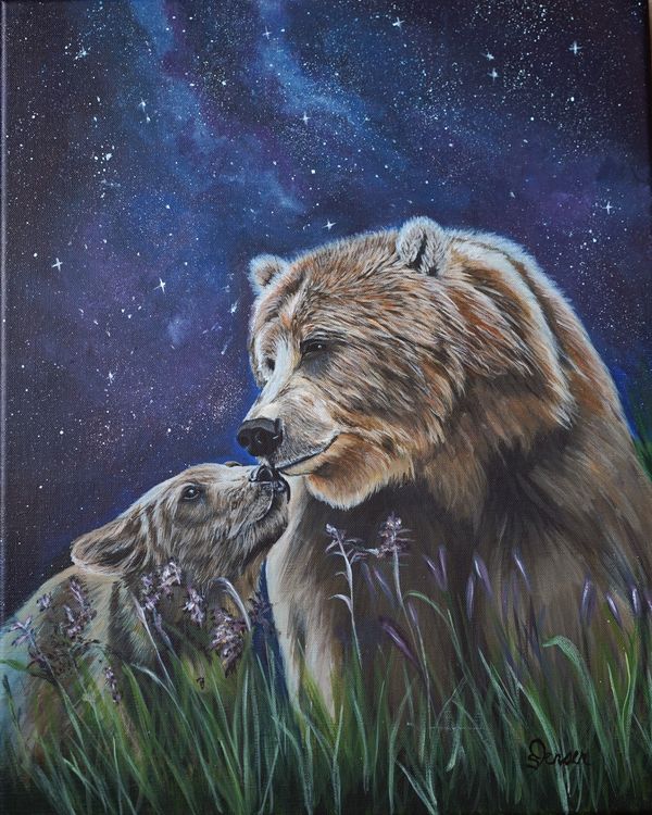 Mama and baby bear. Bears. Mother and child. Night sky, love.