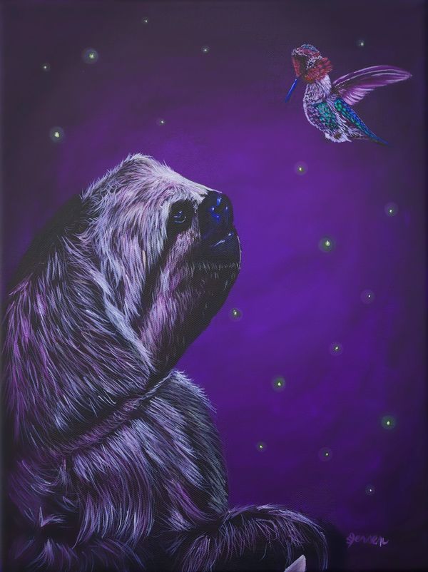 sloth and hummingbird. Bright colorful. Purple. Surreal. 