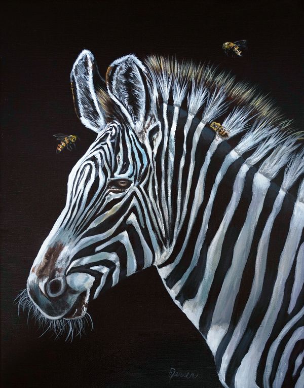 Noir collection. Zebra with bees flying around. Dramatic portrait. 