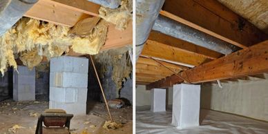 Before and after crawl space cleaning and insulation repair.