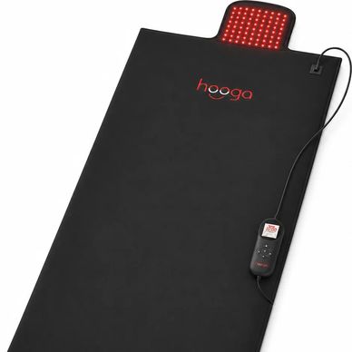 Black Hooga heated massage mat with red lights and remote control.