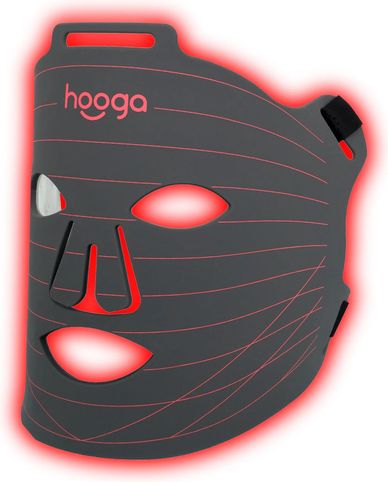 Black and red Hooga facial mask with multiple openings.