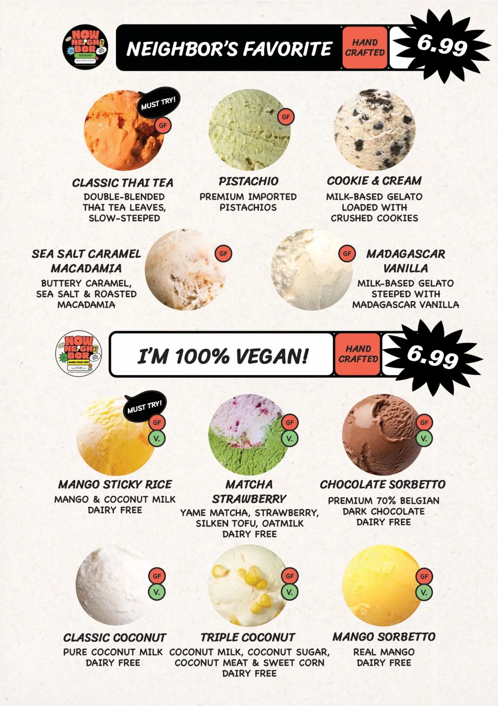 Variety of handcrafted gelato and sorbetto flavors, including vegan and gluten-free options.