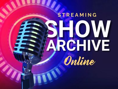 Retro microphone with colorful streaming show archive text.