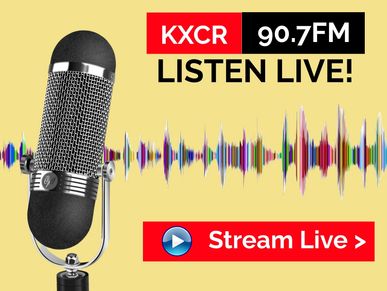 Retro microphone with KXCR 90.7FM live stream promotion.