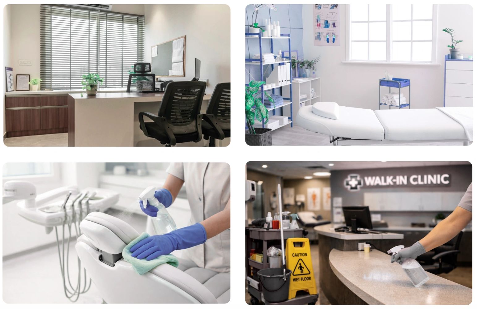 Clean and organized medical and dental clinic interiors with sanitation in progress.
