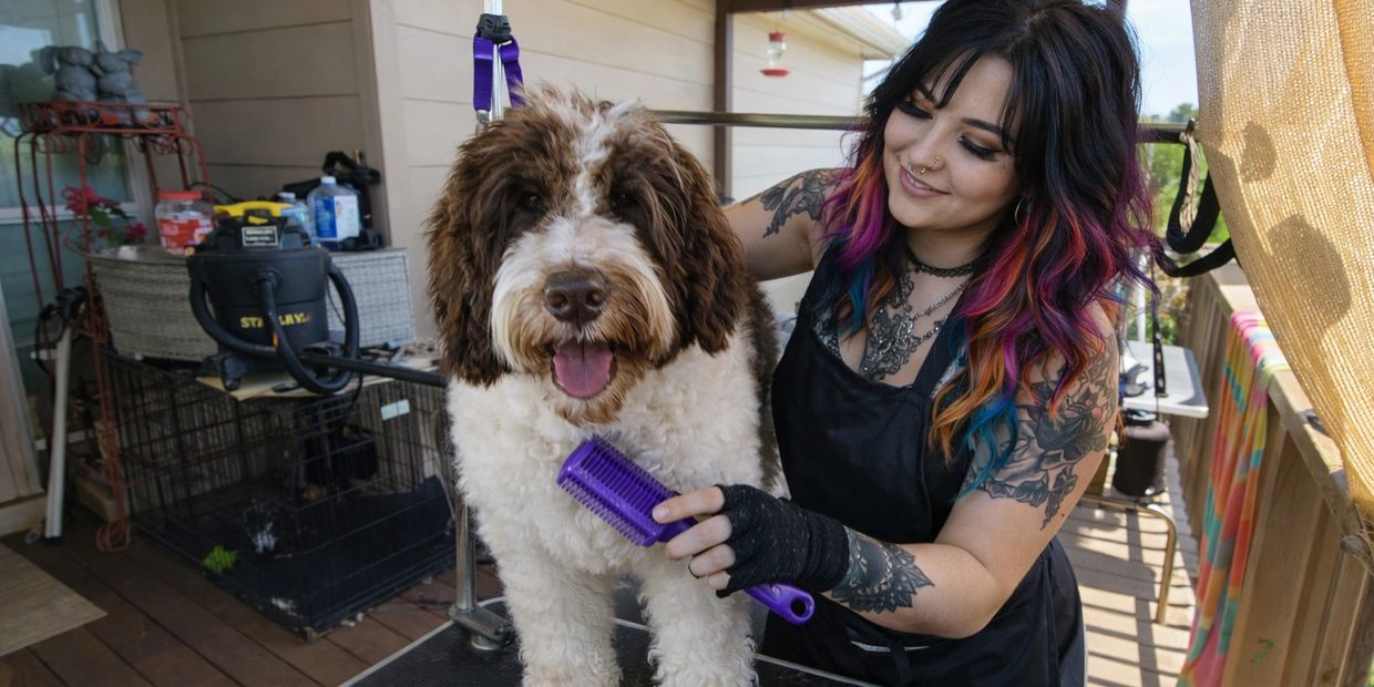 A woman with colorful hair grooms a happy dog on a porch.
