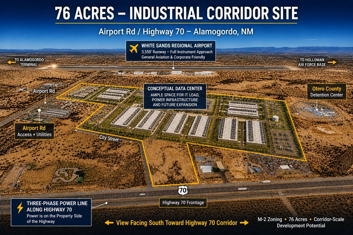 Aerial view of a 76-acre industrial corridor site at Airport Rd and Highway 70 in Alamogordo, NM.