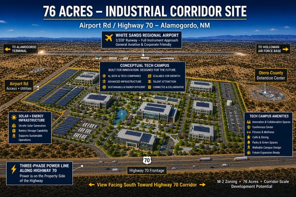Aerial view of a 76-acre industrial corridor site in Alamogordo, NM, highlighting tech campus and infrastructure.