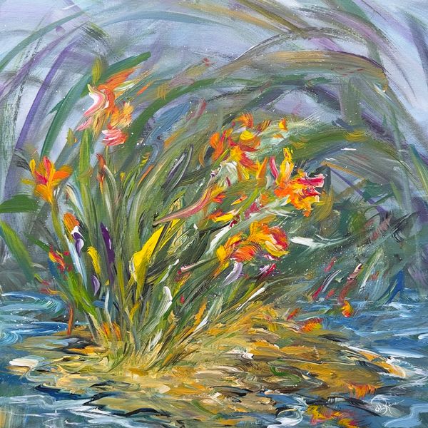 Abstract painting of vibrant orange and yellow flowers by water with swirling green and blue brush strokes.
